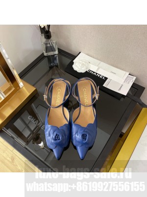 Chanel Camellia Lambskin Mid-Heel 5cm Slingback Pumps 2022 Collection,Blue