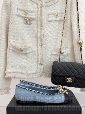 Chanel Quilted Denim Ballet Flats with Chain Bow Light blue 2025