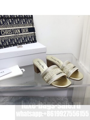 DIOR DWAY HEELED SLIDE With Crystal Embroidered Cotton Gold 2022 Collection ,Gold