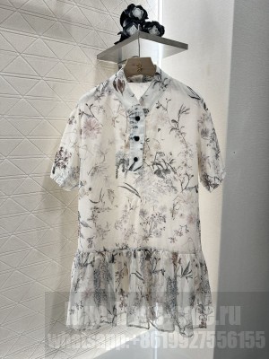 Christian Dior Short Sleeve Dress White Cotton Muslin with Multicolor Millefiori Motif