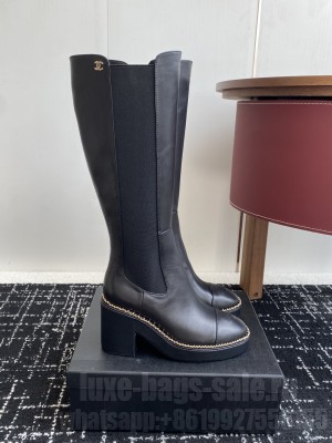 Chanel Calfskin Heel Platform with Chain Black High Boots
