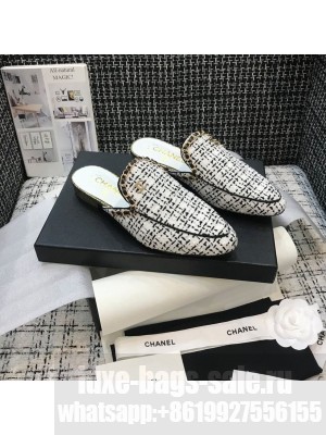 Chanel Chain Embellished Mules Tweed/Lambskin Leather Spring/Summer 2021 Collection, White/Black