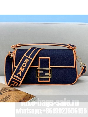 Fendi Baguette Medium Denim Flap Bag Dark Blue/Orange  2021 Collection