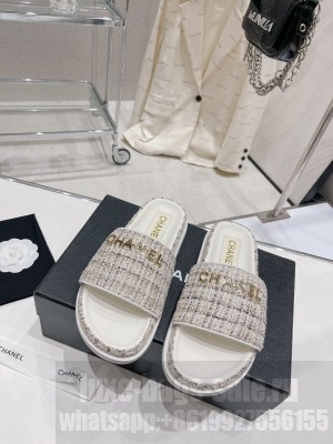 Chanel Tweed Flat Slide Sandals 2023SS Gray