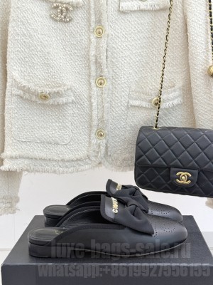 Chanel Lace Camellia Flat Mules with chain black 2025