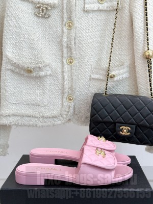 Chanel Quilted Lambskin  Flat Slides Sandal with Foldover Pink 2025 