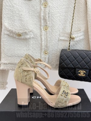 Chanel Leather & metal Chain CC Logo 9cm Sandals Beige 