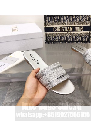 Dior Dway Slide With Crystal Embroidered Cotton Silver 2022 Collection