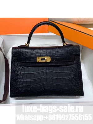 Hermes Mini Kelly II Handbag in Real Alligator Leather Black (Handmade) Collection