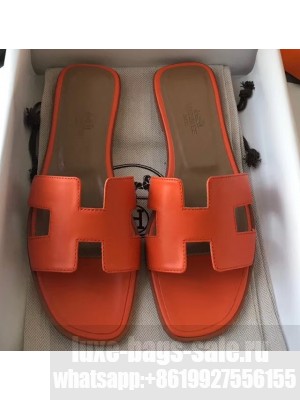Hermes Oran Flat Slipper Sandals in Swift Box Calfskin Orange 02