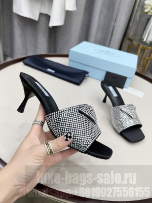 Prada 6cm Satin slides sandals With Cryscals Mule 2022 Collection,Silver