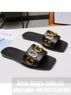 Gucci Gold Signature Calfskin Slide Sandals Black 2021 (For Women and Men) Collection