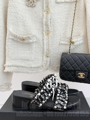 Chanel Tweed & Pearls Heel Slides Sandal 5cm with Bow Black 2025
