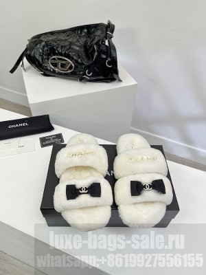 Chanel Double C Bow Wool Slide Sandals White 2023