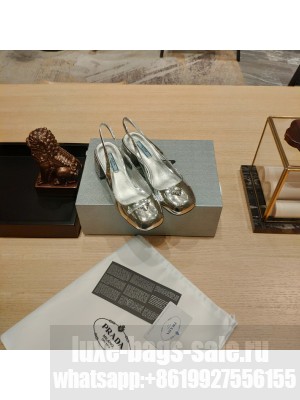 Prada Brushed leather 5cm Metal Toecap Slingback Pumps Silver