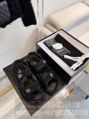 Chanel CC Button Velcro Sandals Technical Fabric/Calfskin Leather Spring/Summer 2021 Collection, Black