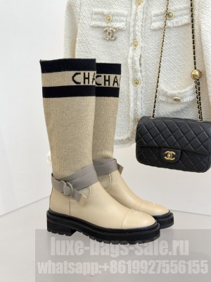 Chanel Knitted & Calfskin boots beige