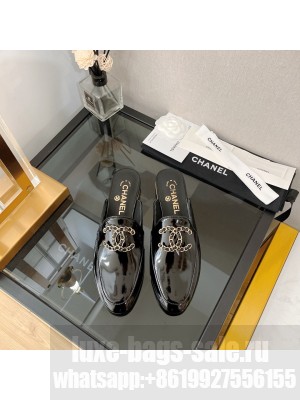 Chanel Patent Leather Mules with Chain CC G39438 Black