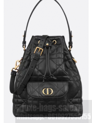Small Dior Caro Bucket Bag Black Macrocannage Lambskin M3372UNOZ