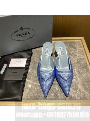 Prada Women's 5.5cm Satin Mule Sandals With Crystals 2022 Collection,Blue