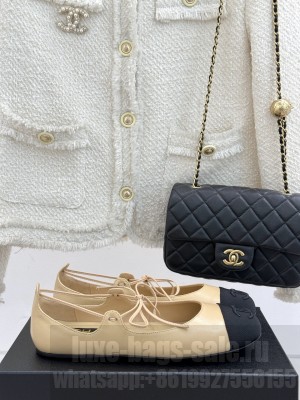 Chanel Lambskin & Grosgrain Mary Janes Ballet Flats with Lace-up Beige 2025 G46324