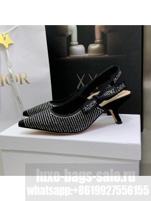 Dior J'Adior Slingback Pumps 6.5cm in Black Cotton Embroidered with Crystal 2022 Collection