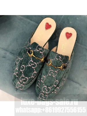Gucci Women's Princetown Horsebit Slipper GG Velvet Green