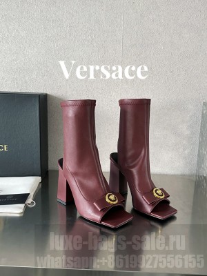 Versace Gianni Ribbon Open Ankle Boots 10.5cm in Strentch Leather Burgundy