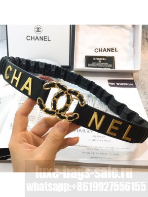 Chanel Stretch Pleated Leather Belt 30mm with CC Buckle AA0538 Black 2019 Collection