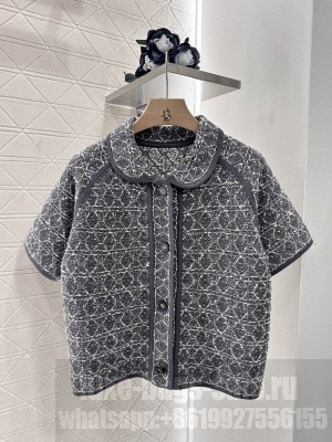Christian Dior Macrocannage Short-Sleeved Jacket Gray Cotton-Blend Tweed Knit with Silver-Tone Metallic Thread