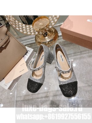 Miu Miu Glitter 7cm Pumps with metal chain and artificial pearl embellishment Black/Silver