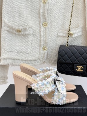 Chanel Tweed & Pearls Heel Slides Sandal 9cm with Bow Beige 2025