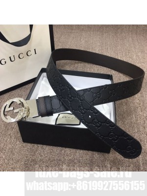 Gucci GG Embossed Calfskin Belt 37mm with Interlocking G Buckle Black/Silver 2019 Collection