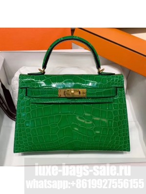 Hermes Mini Kelly II Handbag in Glossy Real Alligator Leather Bright Green (Handmade) Collection