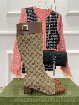 Gucci 4.5cm Beige GG Canvas Knee-High Boots with Buckle