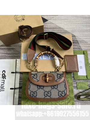 GUCCI BAMBOO 1947 JUMBO GG SMALL TOP HANDLE BAG 675797 blue&brown