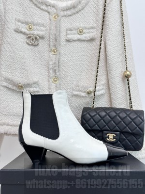 Chanel Calfskin & Patent Leather Pointed Ankle Boots 4cm White 2023
