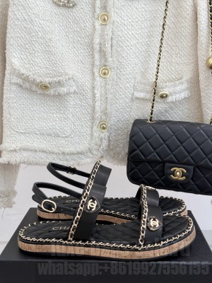 Chanel flat double C with chain sandals Black leather 2025