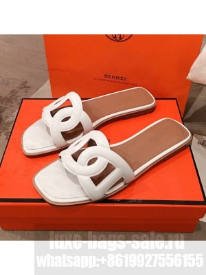 Hermes Aloha Calfskin Fringe Flat Slide Sandal White 2020 Collection