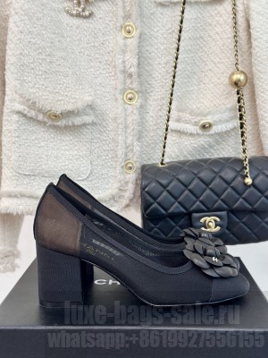 Chanel 6.5cm Mesh Camellia Pumps Black