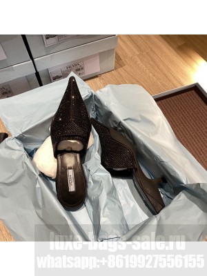 Prada Women's 5cm varnished heel Satin Sandals With Crystals Black slides Mule 2022 Collection