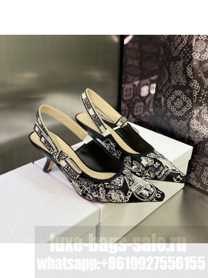 Dior J'Adior Slingback Pumps 6.5cm in Black and White Cotton Embroidered with Plan de Paris Motif 2023