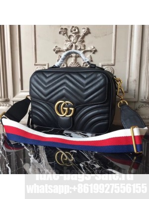 Gucci GG Marmont Chevron Quilted Top Handle Camera 25cm Bag Calfskin Leather 498100 Fall/Winter 2017 Collection, Black