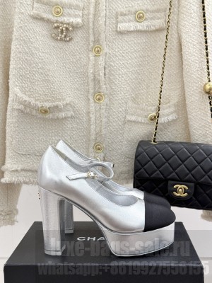 Chanel Mary Janes in Laminated Lambskin & Grosgrain G46433 11cm Pumps Silver 2025 