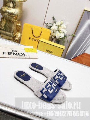 Fendi Signature Flat Slide Sandals in Grey Canvas and Leather Blue 2022 Collection