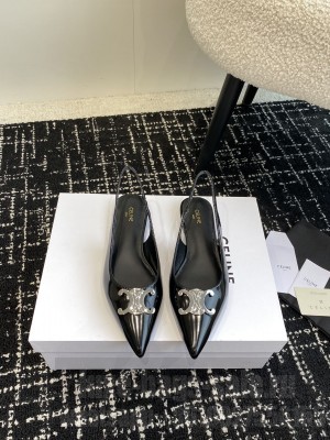 CELINE ALMA TRIOMPHE FLAT SLINGBACK IN GLOSSY CALFSKIN BLACK