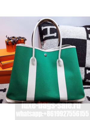 Hermes Canvas Garden Party 36 Bag Green/White