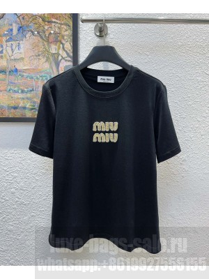 Miumiu Women's Letter Beaded T-shirt Black