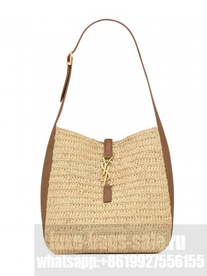 Saint Laurent Le 5 A 7 Supple Small In Raffia And Leather Coffee