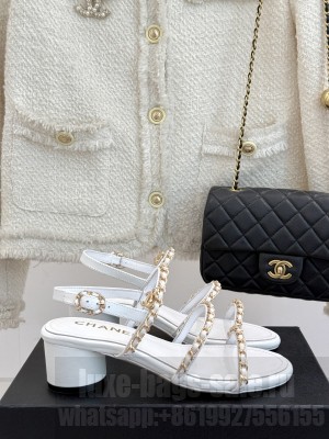 Chanel Lambskin Heel Sandals with Chain Strap white 2025 G45667